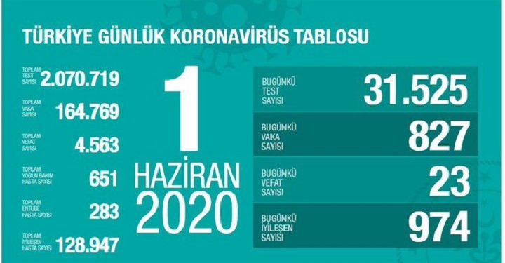 Türkiye’nin 1 Haziran tarihli koronavirüs tablosu