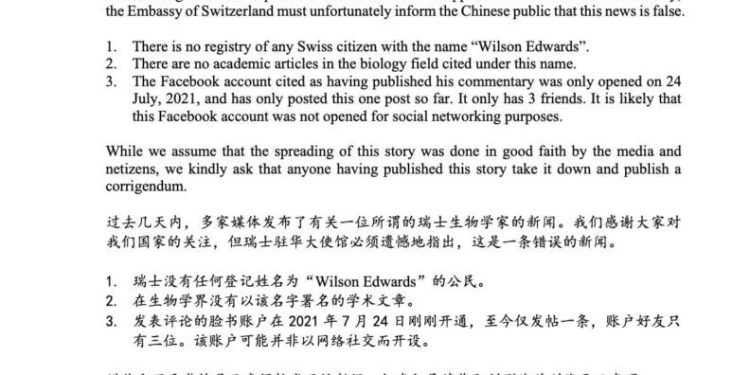 İsvi̇çreden Çi̇n Medyasına “Sahte Bi̇yoloğa” Yapılan Atıfları Kaldırma Çağrısı