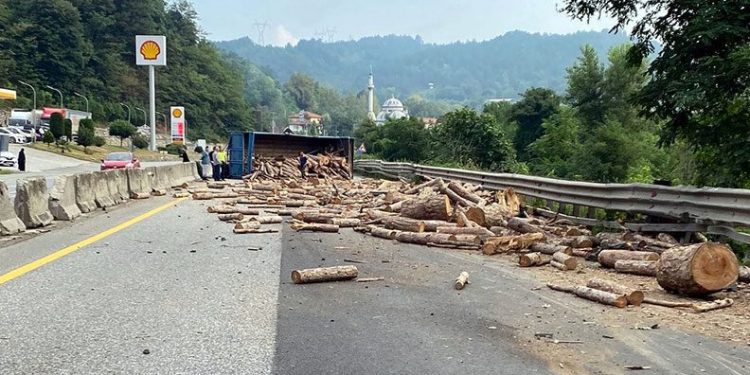 Sakarya’da tomruk yüklü tır devrildi
