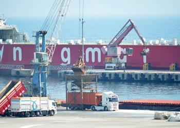 Ukrayna’dan Tekirdağ’a gelen buğday kamyonlara aktarılıyor