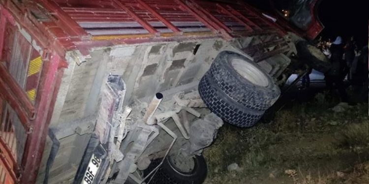 Odun yüklü kamyonet devrildi