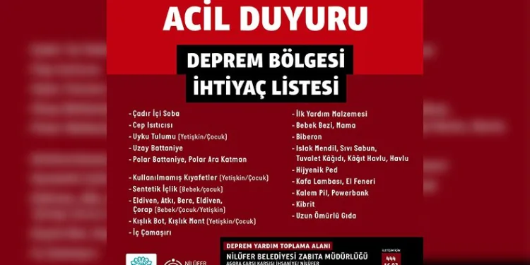Nilüfer Belediyesi deprem bölgesi için yardım kampanyası başlattı