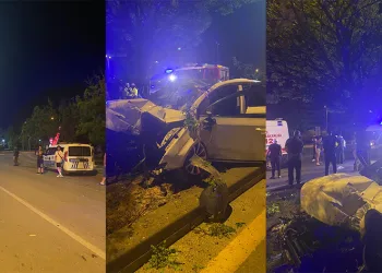 Aşırı süratli araç ağaca çarptı