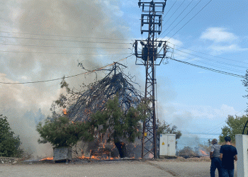 Trafo patladı, ağaçlar ve otluk alan alev aldı
