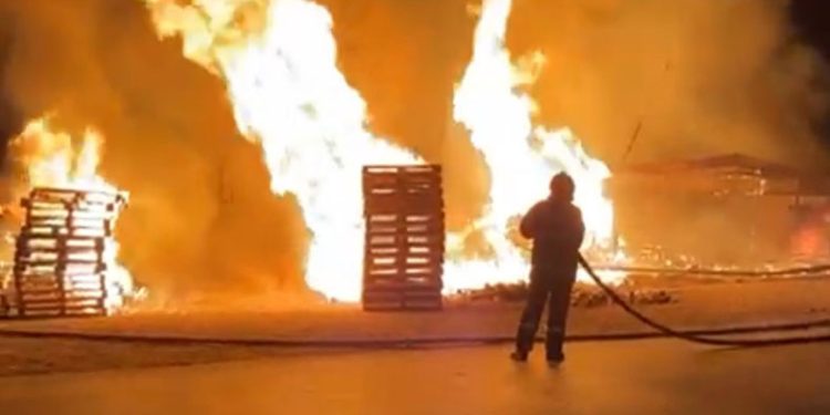 Palet fabrikasında çıkan yangının alevleri geceyi aydınlattı