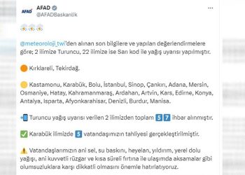 AFAD, 2 ilde turuncu, 22 ilde sarı kod ile yağış uyarısı yaptı