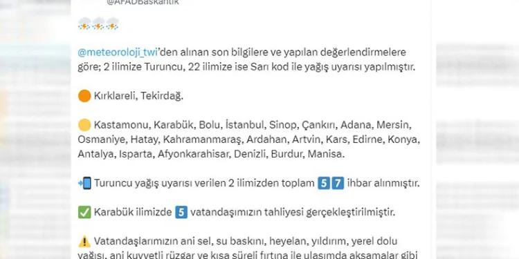 AFAD, 2 ilde turuncu, 22 ilde sarı kod ile yağış uyarısı yaptı