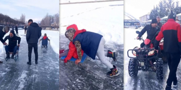 Nehrin üzerinde kızak keyfi yaşadılar