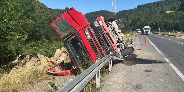 Tomruk yüklü tır devrildi, faciadan dönüldü