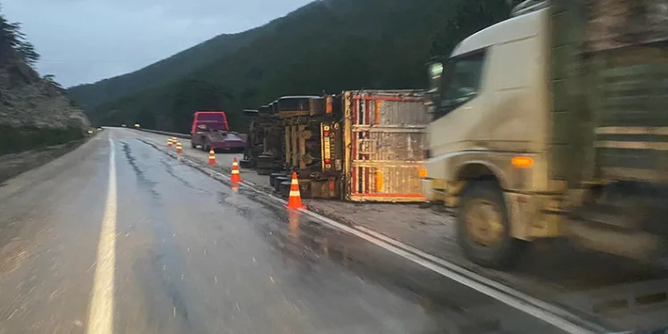 Bolu’da odun yüklü tır devrildi