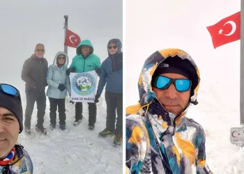 Uludağ’ın zirvesindeki donmuş Türk Bayrağını dağcılar değiştirdi