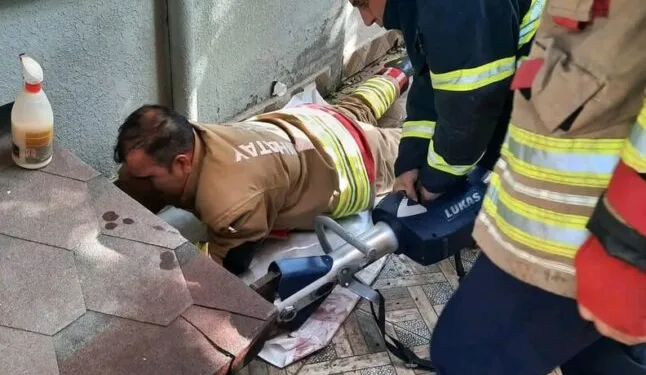 Hatay’da havalandırma boşluğuna düşen köpek kurtarıldı